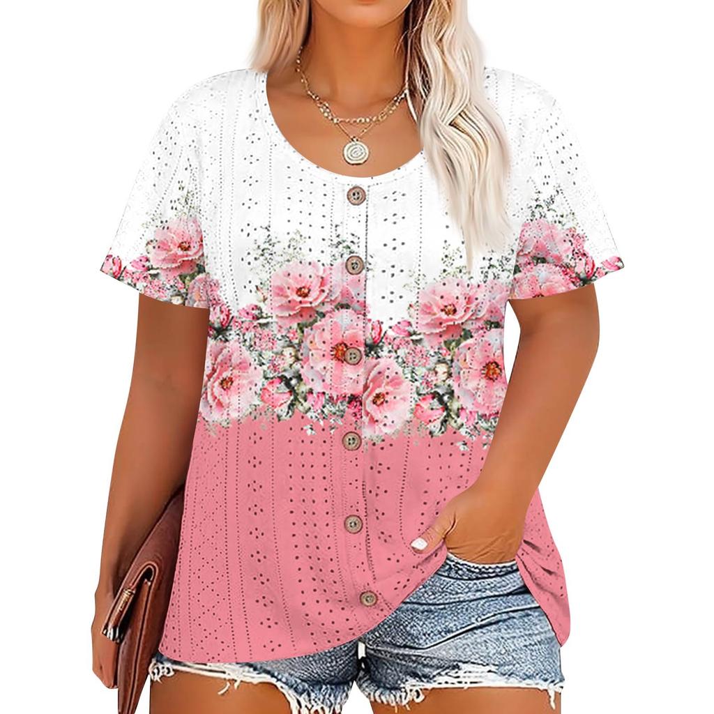 Plus Size Women's Fashion Casual Vintage Printed O-Neck Short Sleeve Button T-Shirt Top