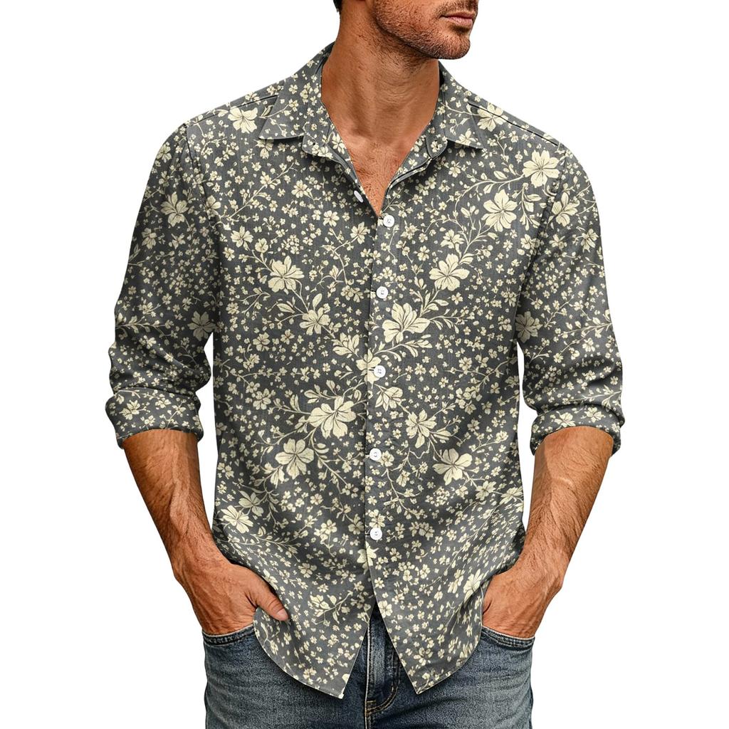 Men's Hawaiian Loose Fit Long Sleeve Shirt with Classic Collar Vintage Casual Button Down Shirt Suitable for Spring and Autumn Wear
