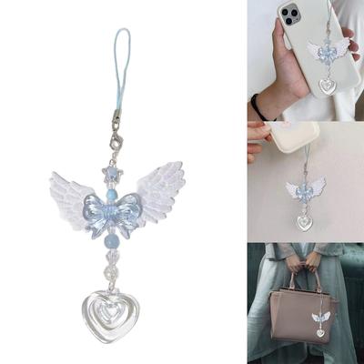 Lanière Pendentif Cœur Acrylique Élégant Charme de Téléphone Personnalisé Pendentif de Téléphone Aile d'Ange Bleue Exquise Chaîne Accessoire