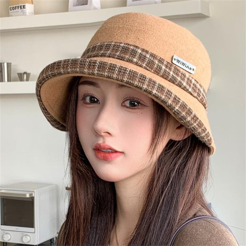Retro plaid bucket hat women's autumn and winter curling edge shows a small washbasin hat versatile shows a small face big brim warm hat tide