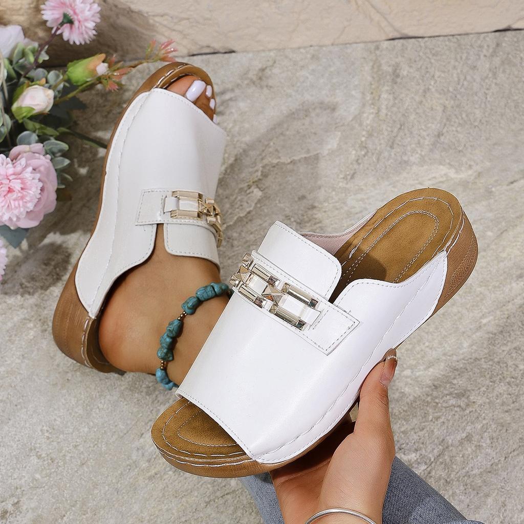 2025 Summer New Foreign Trade Large Size Women's Platform Sandals Top Metal Buckle Decorative Sole Polyurethane Sole