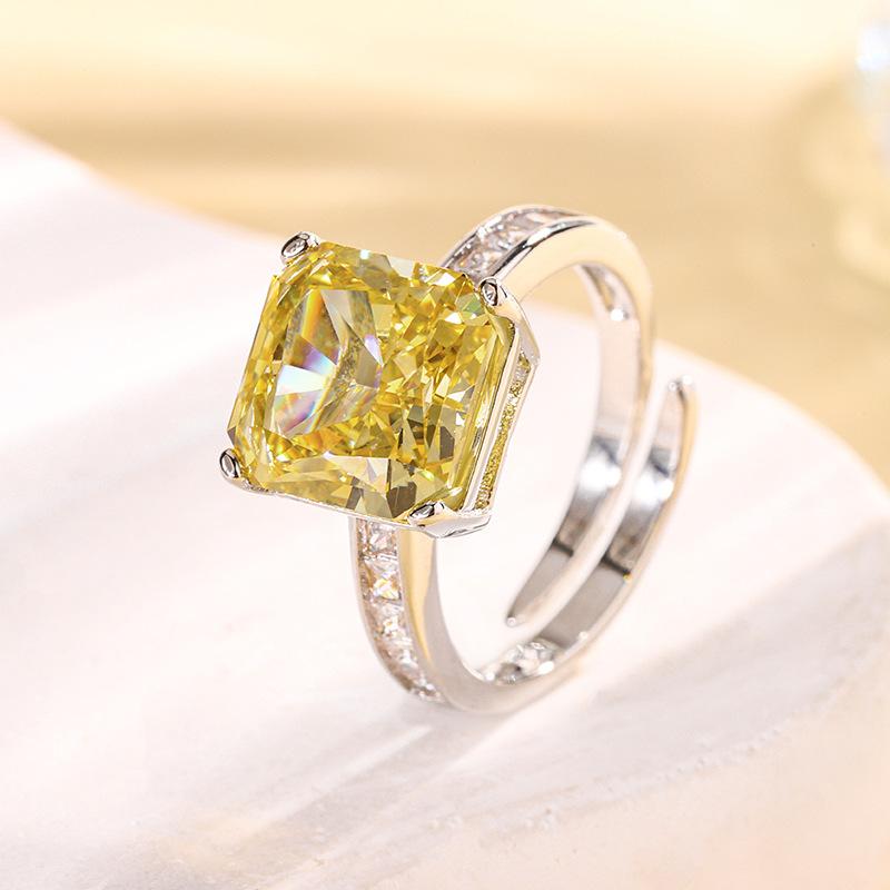 Raw Jewelry Copper Bottom Gold-Plated High Carbon Diamond Ice Flower Cut Princess Square Copper Setting Temperament Ring 10 * 10