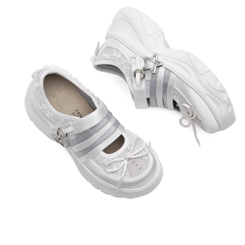 Masoshi lace edge Mary Jane shoes women's 2025 summer new thick-soled heightened silk and satin surface breathable casual shoes