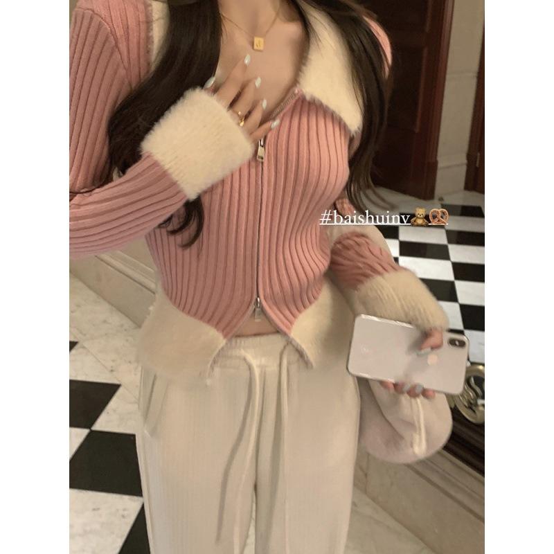 

Темперамент меховой воротник сплайсированный свитер вязаный кардиган женский осенне-зимний шикарный короткий топ one size розовый