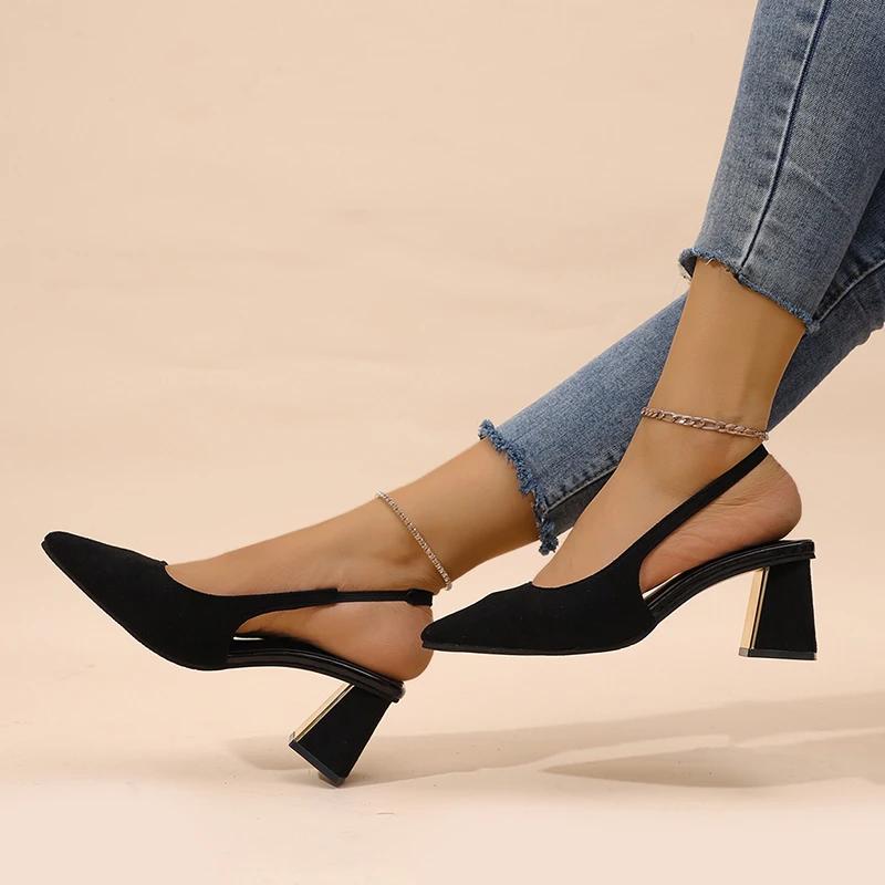 Fashion Fashion Pointed Toe Thick Heel Pumps Women 2025 Summer New Black Dress Shoes Woman Back Strap Slingback High Heel Sandals Female