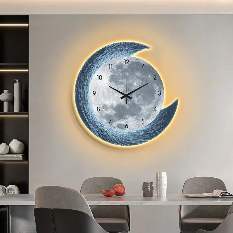 16in Home Quality Wall Clock Dining Room Living Moon The Earth Modelling LED Light Silent Movement Bedroom Clock Wall Decoration