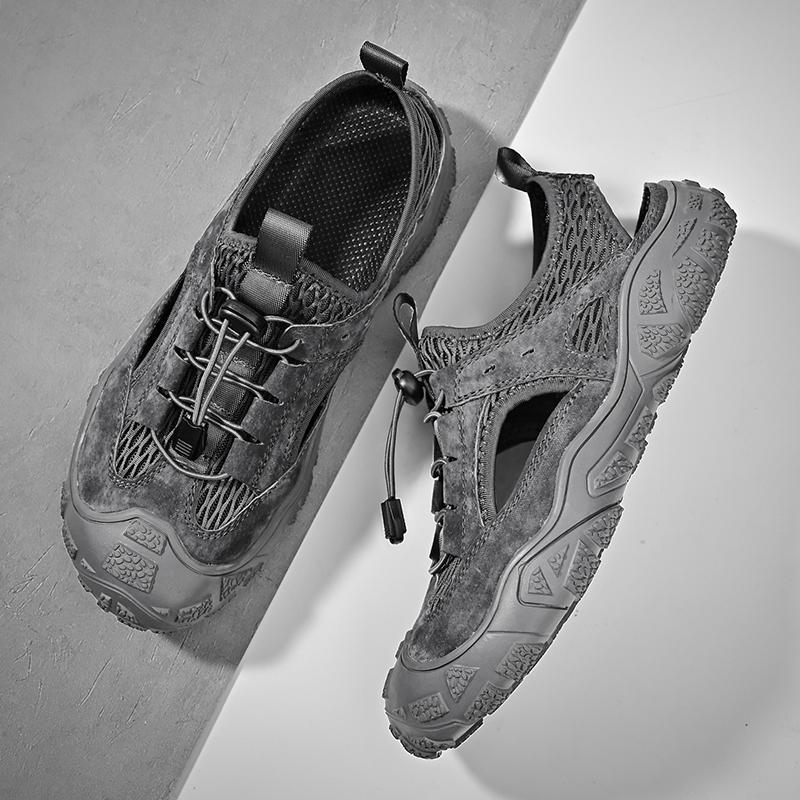 Sandale pentru bărbați cu vârf închis, plasă de vară, modă respirabilă, sandale casual din piele, pantofi de alpinism de dimensiuni mari