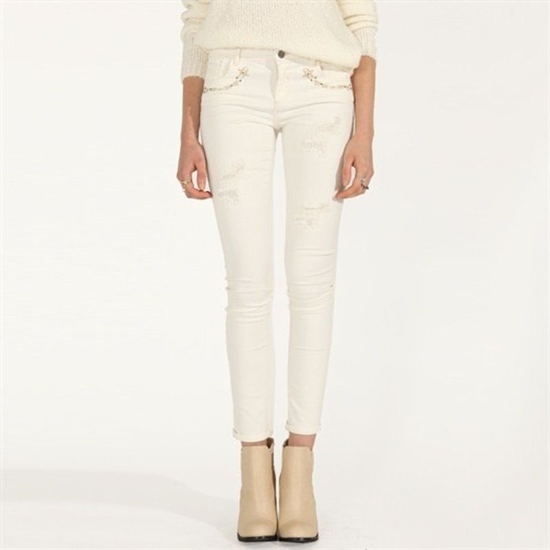 

Plus Size White Cotton Elastic Broken Skinny Jeans Slightly Flaw Spring and Autumn Clothing White 42