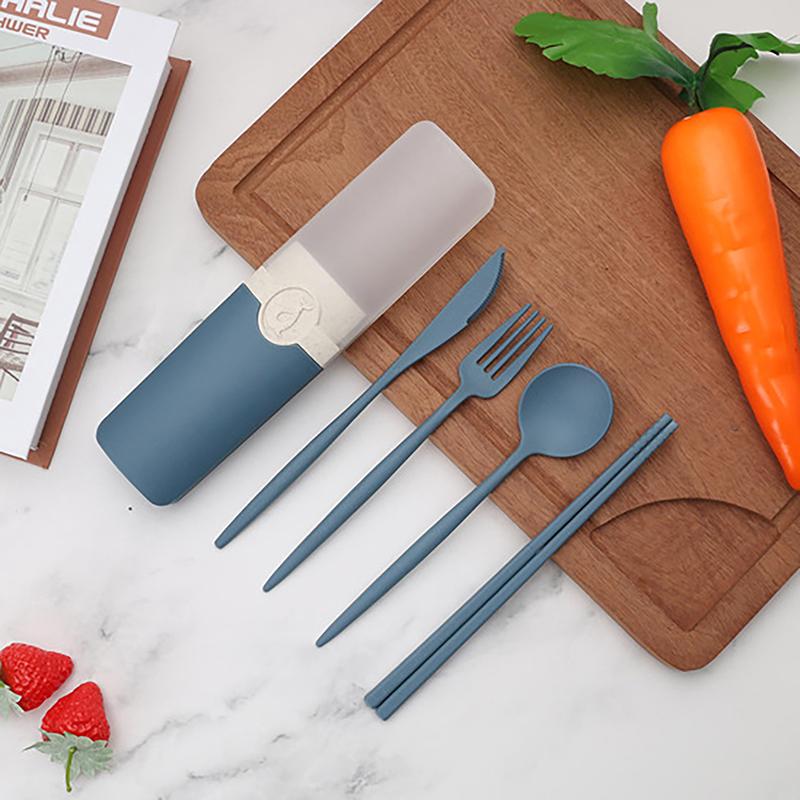 4Pcs Wheat Straw Cutlery Set Portable Tableware Reusable Spoon Knife Chopsticks Fork Travel Picnic With Carrying Box
