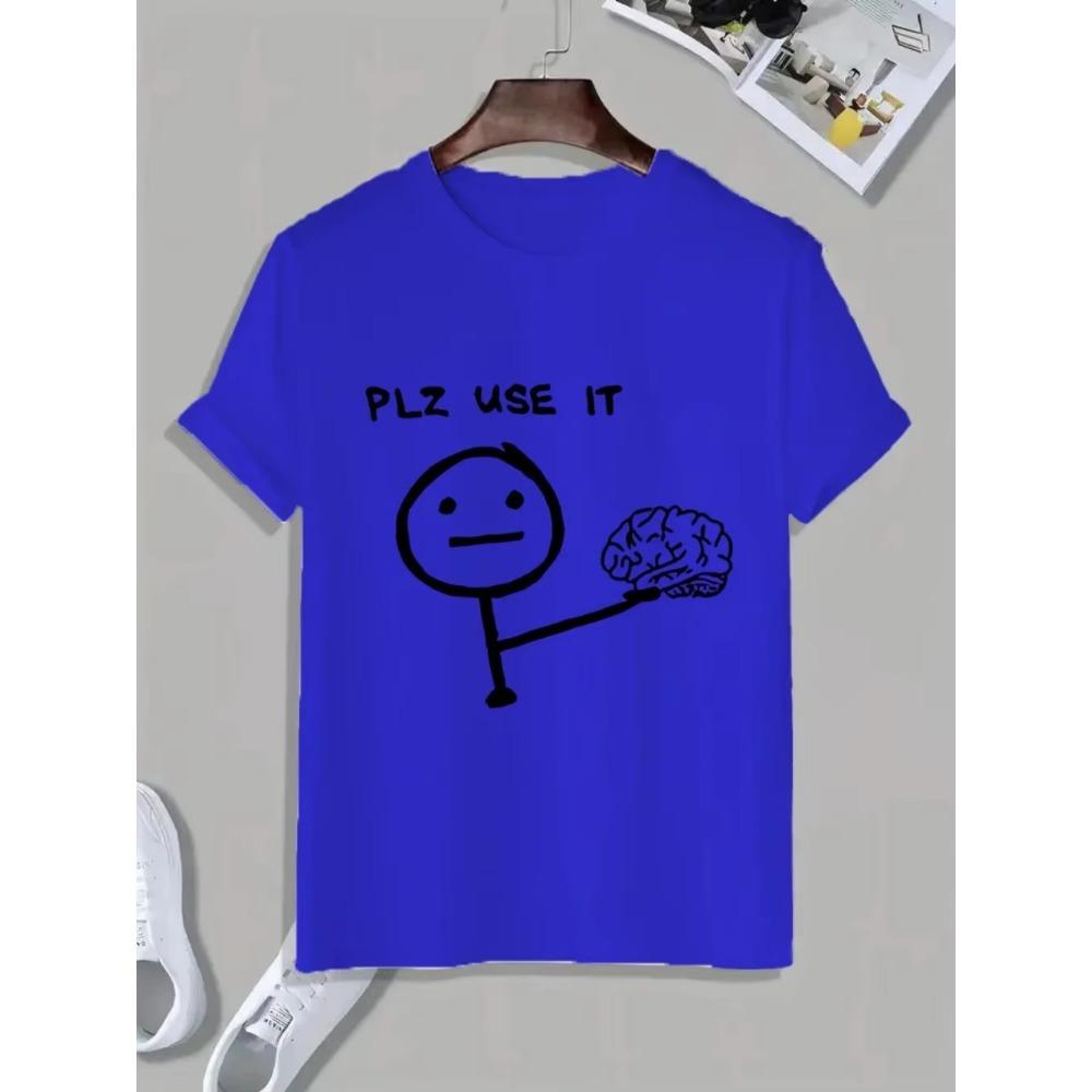 PLZ USE IT Brain Cartoon Printed Men's T-Shirt Crew Neck Fun Short Sleeve TShirt Graphic Unisex Cotton Tshirts Casual Summer Top