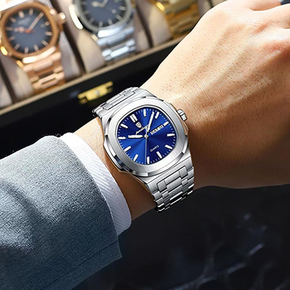 Luxury Square Men's Watches Waterproof Luminous Date Week Men Watch Stainless Steel Fashion Quartz Wristwatch