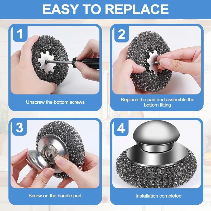 2Pcs Stainless Steel Scrubber with 4 Replacement Wire Pads, Stainless Steel Scourers with Handle for Cleaning Dishes, Stock Pots, Pans, Griddles,