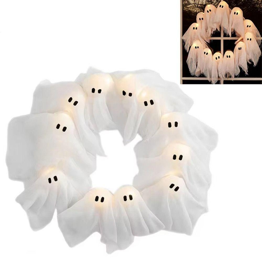 Lustiger 11-LED-Lichter Geisterkranz 35cm Cartoon Halloween-Kranz Wanddekoration Weiß Gruselig Haustür Hängende Dekoration Garten
