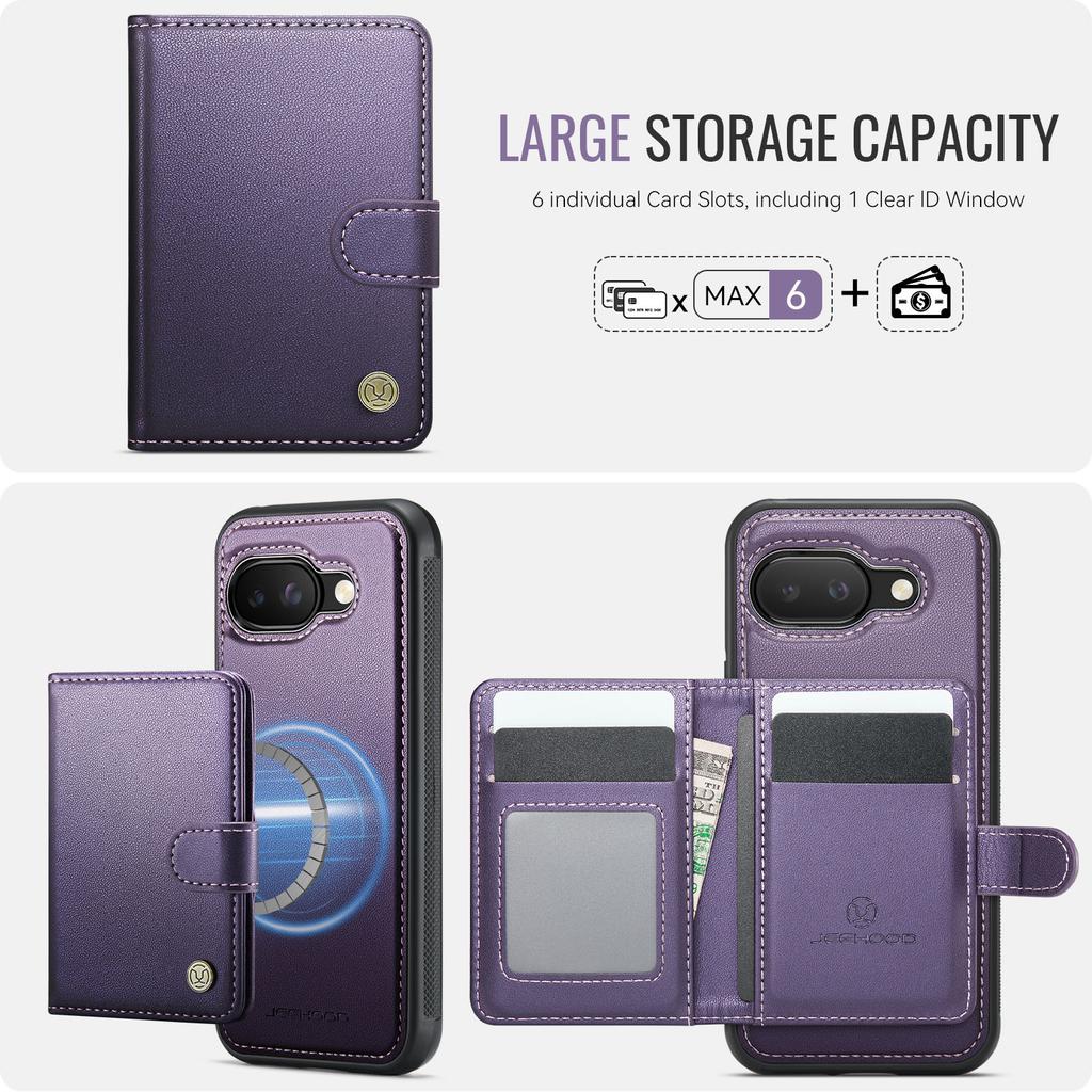 For Google Pixel 9a Case JEEHOOD J09 RFID Blocking Card Holder Leather Back Phone Cover Magnetic Case