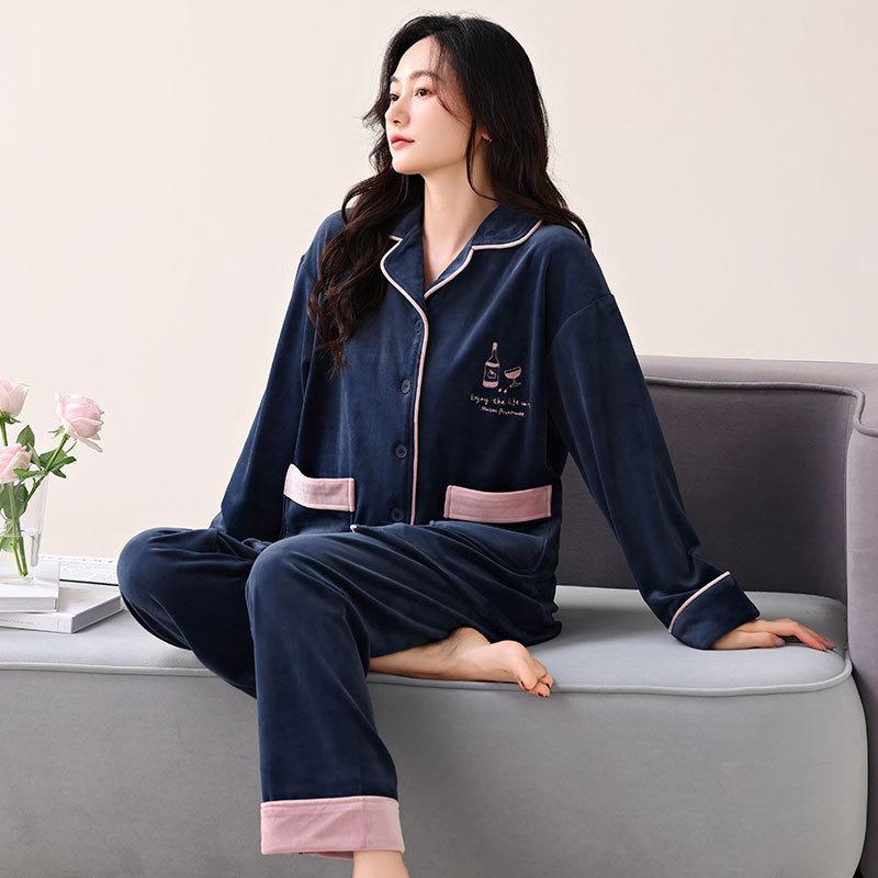 Pajamas Women'S Autumn And Winter Thickened Fleece Warm Island Fleece Coral Fleece Can Be Worn Outside Loungewear Set