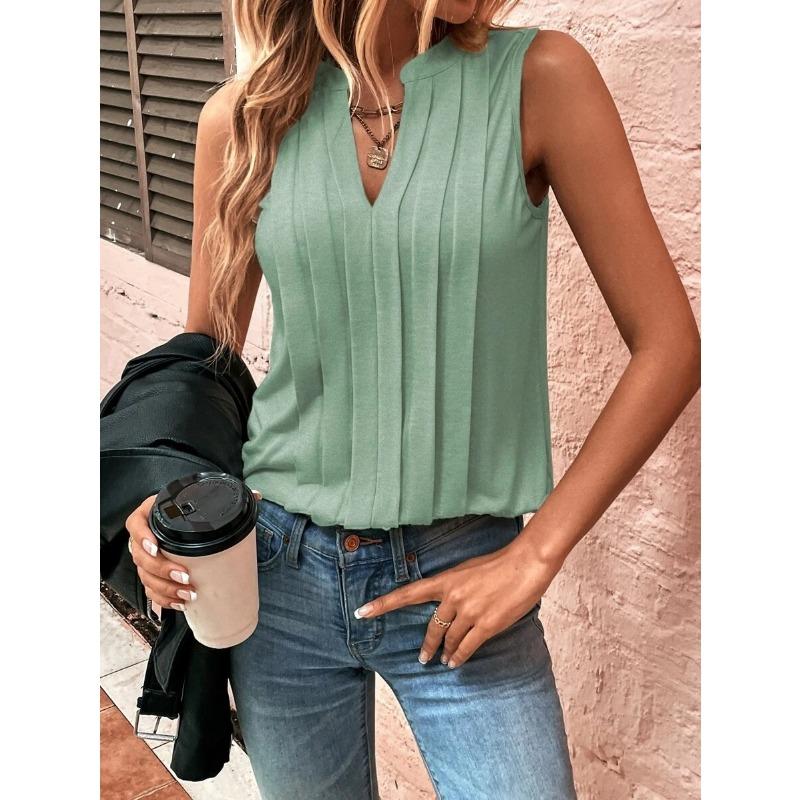 2026 Women's Summer New Style Fashion Elegant Pleated V-Neck Vest Women's Top T