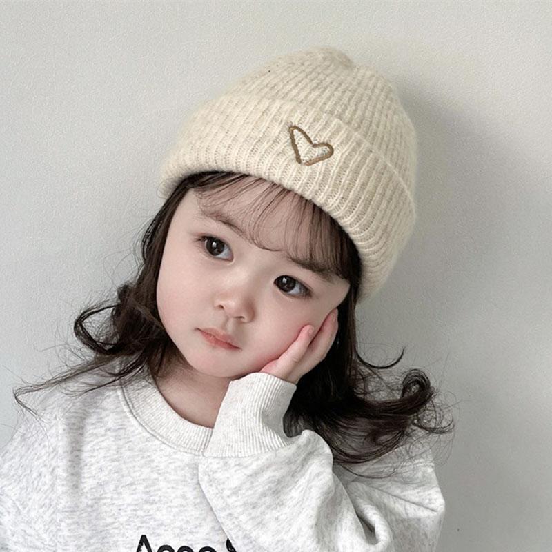 Children Embroidery Heart Winter Beanie Hat Girls Boys Knitted Woolen Warm Cap Versatile Anti Cold Windproof Pullover Bonnet