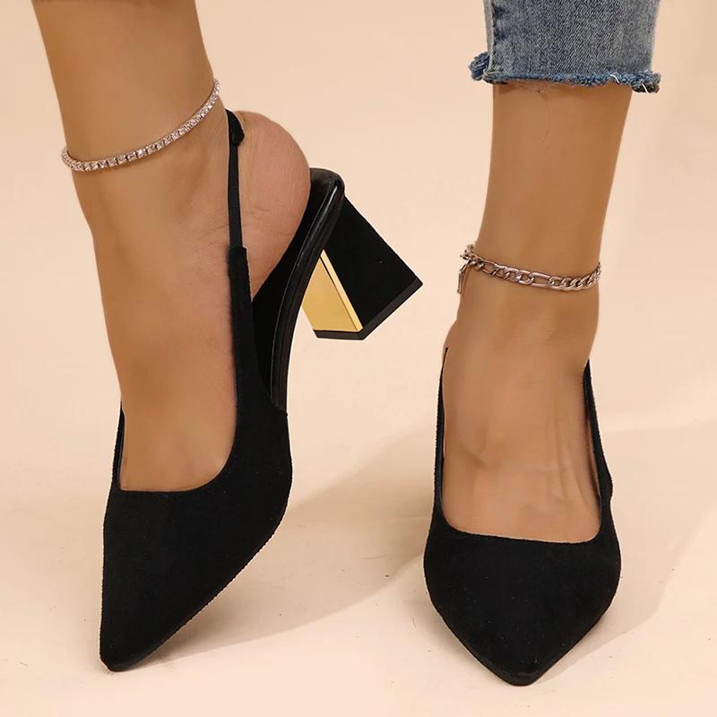 Fashion Fashion Pointed Toe Thick Heel Pumps Women 2025 Summer New Black Dress Shoes Woman Back Strap Slingback High Heel Sandals Female