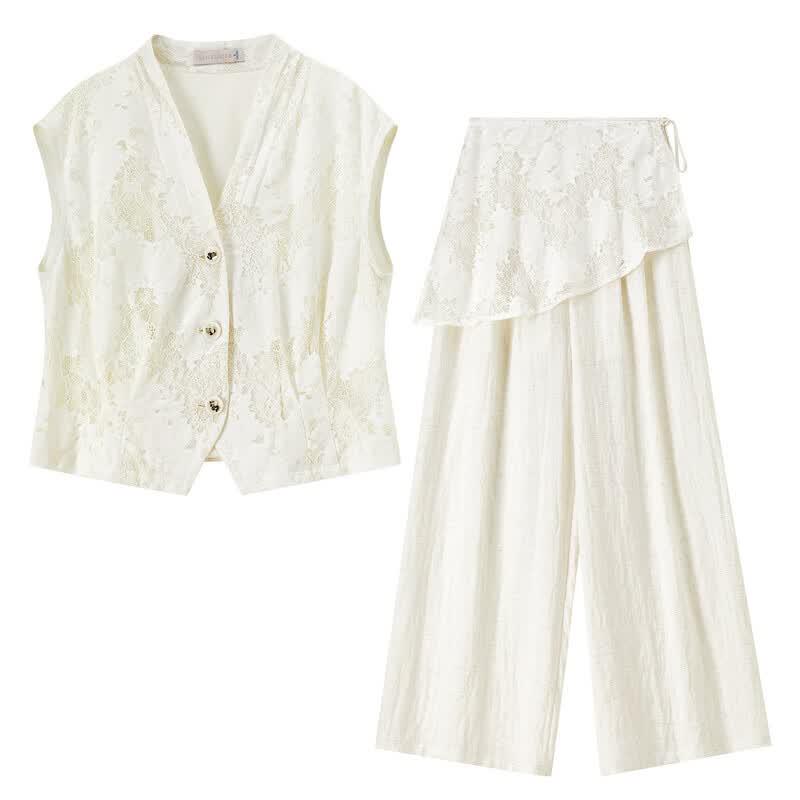 Women's V-Neck Lace Vest and Linen Blend Pants Set