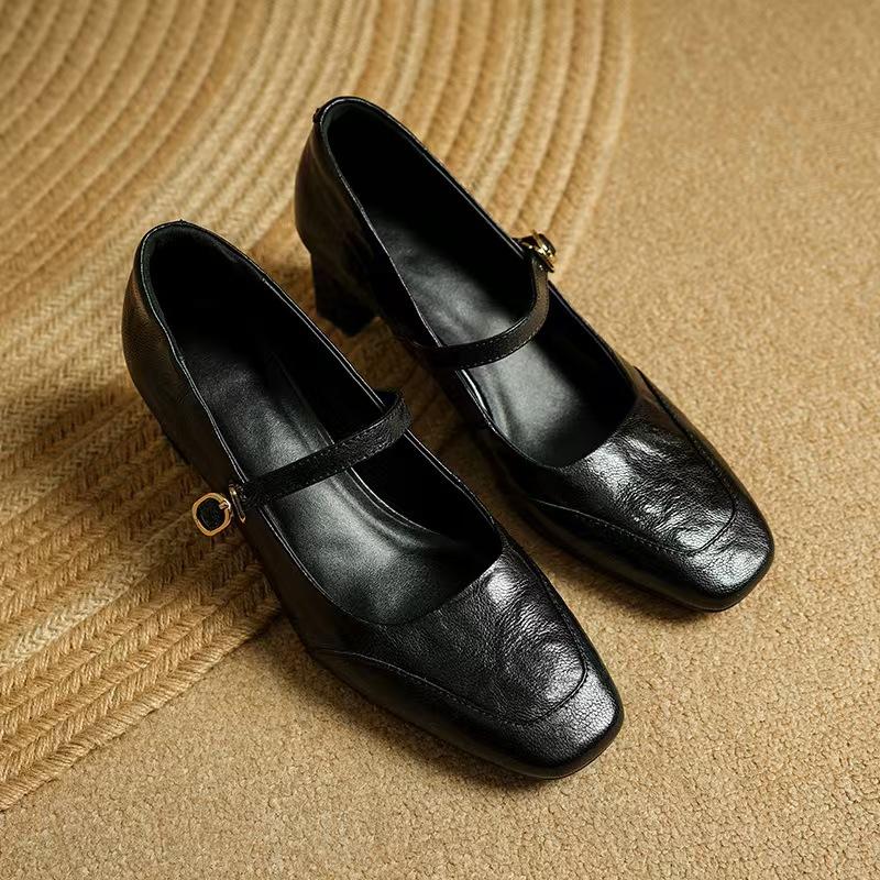 

Французские туфли женские весна и осень 2025 года с неглубоким носом, квадратным носком, средним каблуком, толстым каблуком, высокими каблуками, кожаные туфли Мэри Джейн бордового цвета для женщин 39