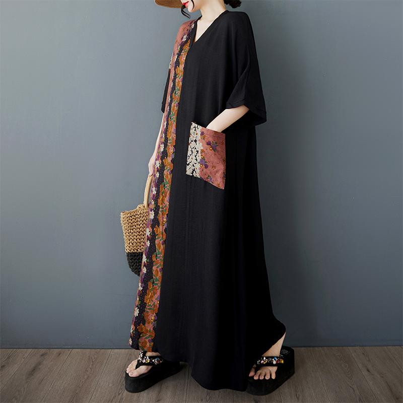 DIMANAF 2025 Plus Size Summer Dress Women Casual Vintage Long Dress Loose Floral Printing Oversized Dress Maxi