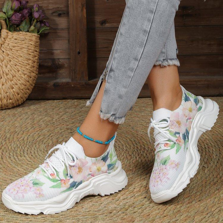 Large size printed casual shoes for women's summer new comfortable and breathable fly-woven sports shoes for women