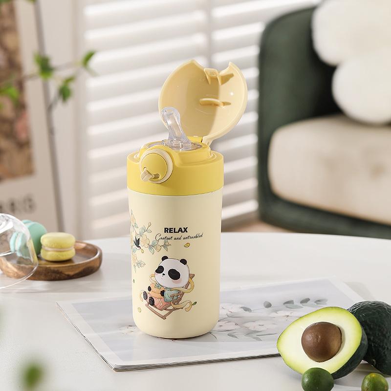 Panda baby bottle with ceramic inner liner, children's drinking straw cup, portable children's cartoon anti-drop water cup