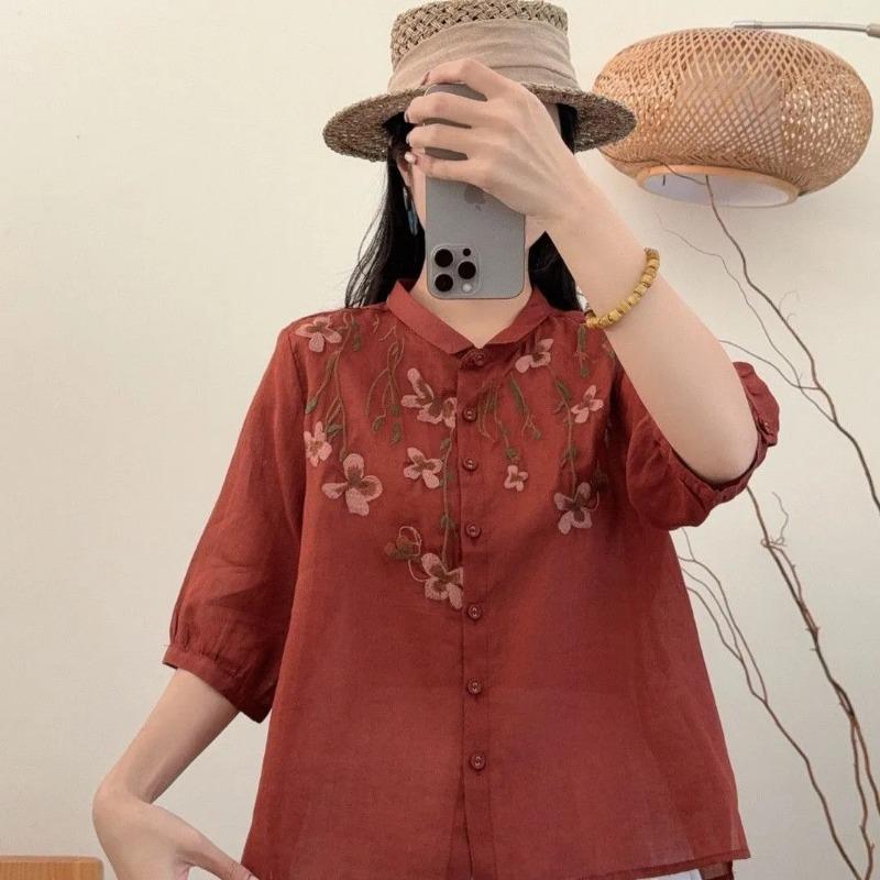 women floral embroidery linen shirt turn down collar three quarter sleeve button down casual blouse M красный