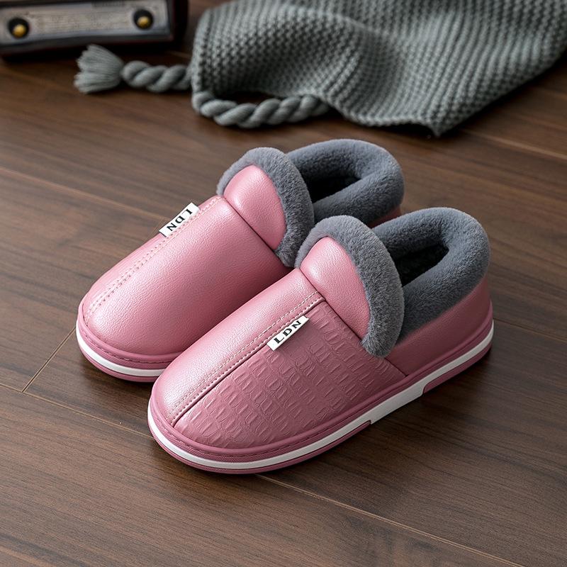 Waterproof Leather-Cotton Slippers, Non-Slip Closed Heel for Indoors
