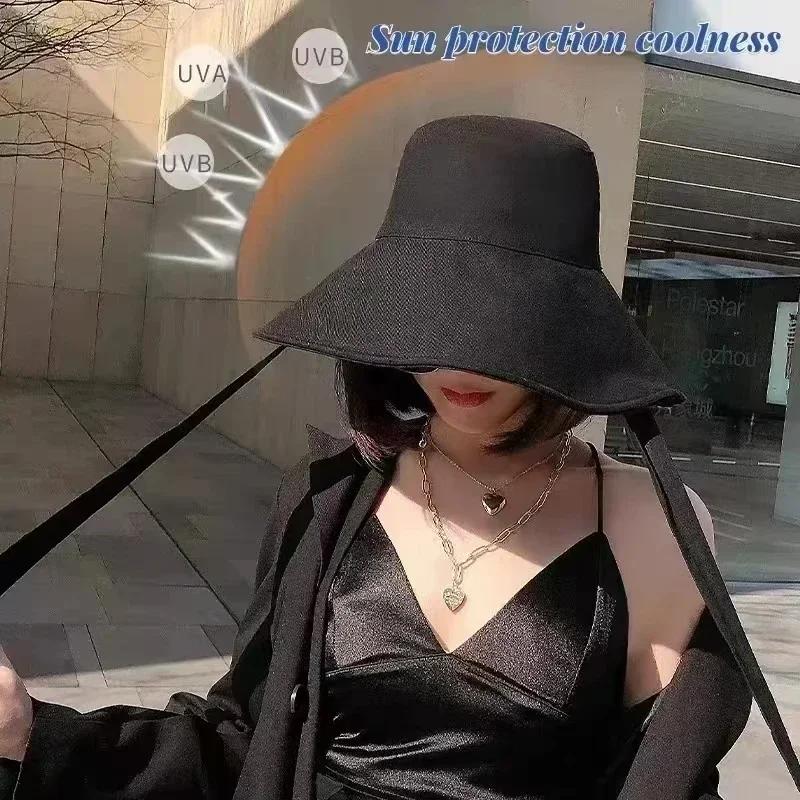 New Summer Spring Japanese Tie Bucket Hat Women'S Korean-Style Big Eave Fisherman Foldable Uv Cotton Linen Beach Strap Sun Hat