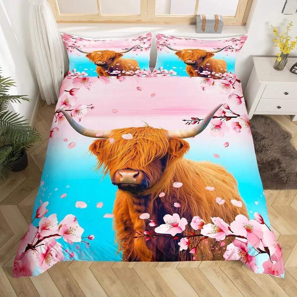 Highland Cow Duvet Cover King Sunflower Farm Animal Bedding Set Cute Highland Cattle Floral Quilt Cover Rustic Farmhosue Decor
