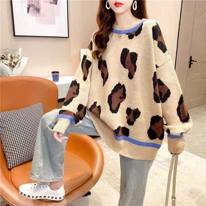 

Женские свитера в стиле колор-блок с пятнистым принтом, вязаный пуловер с круглым вырезом и длинными рукавами, осенний корейский женский свободный повседневный топ One size