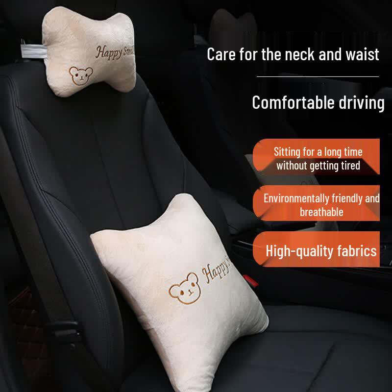 Cartoon Car Seat Headrest & Lumbar Support Set Embroidered Style