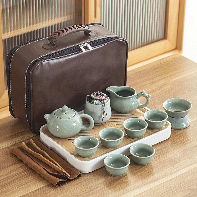 Travel ceramic Kung Fu tea set, tea tray, a full set of portable storage bags, practical business gifts for customers