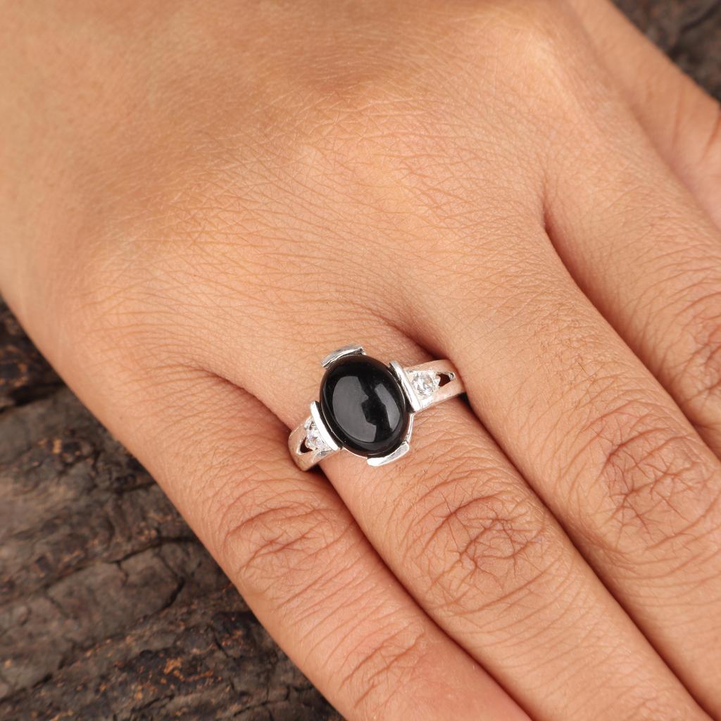 Gemma di Tormalina Nera Naturale Gioielli in Argento Sterling 925 Anello di Proposta Per Lei CZR-18-27