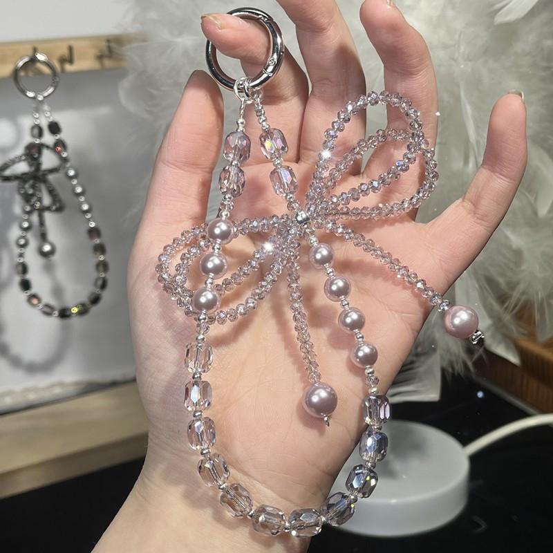 Cute Pearl Lucky Bow Phone Strap Rhinestone Handheld Chain Exquisite Pendant