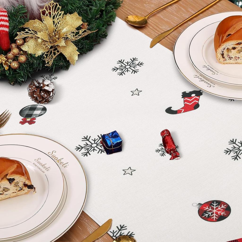 Bonhause Buffalo Plaid Christmas Trees Table Runner 13x72 Inch Snowflakes Pine Branches Red Winter Holiday Kitchen Dining Table Decoration for Indoor