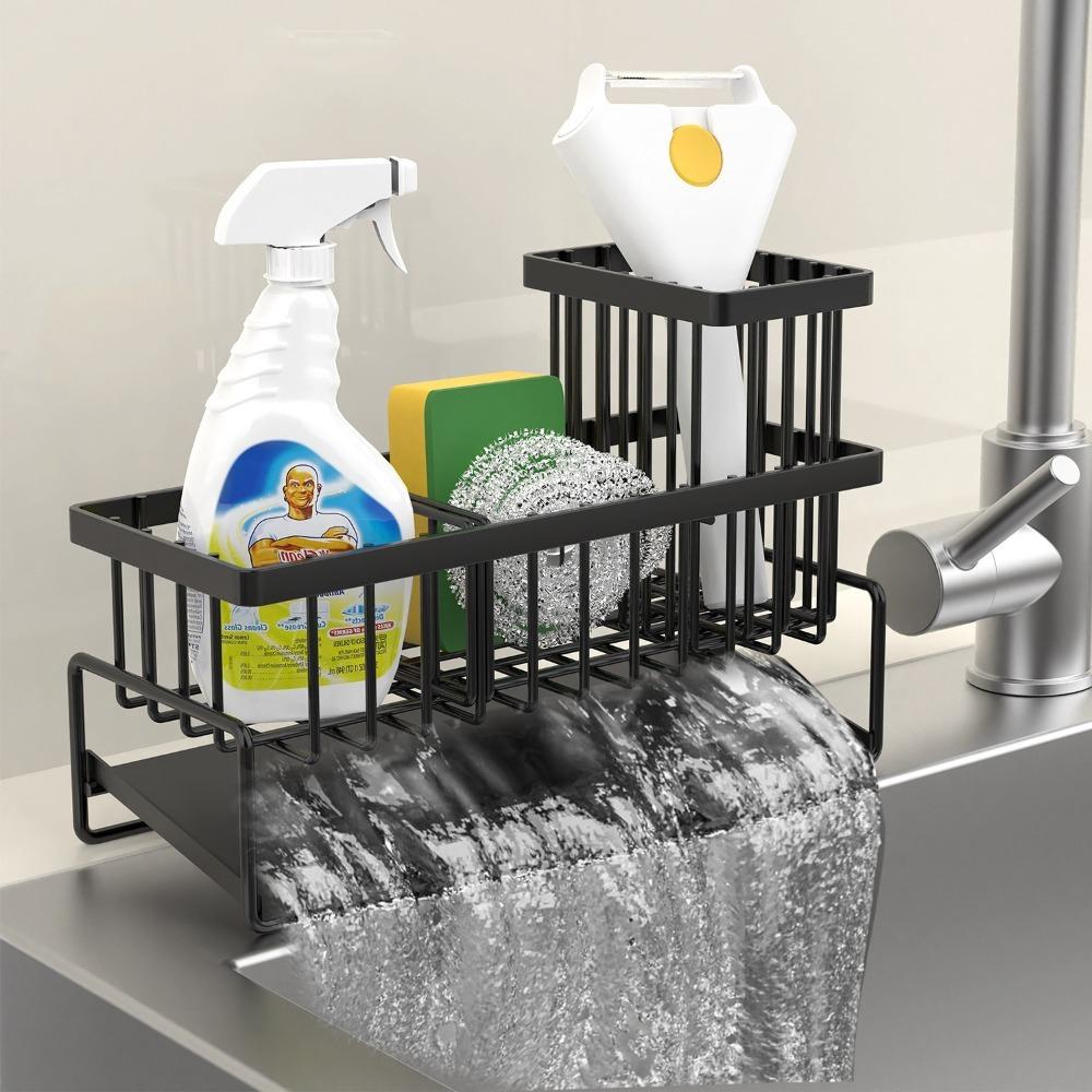 Layered Kitchen Storage Rack Carbon Steel Countertop Organizer Sturdy Sponge Holder  Bathroom