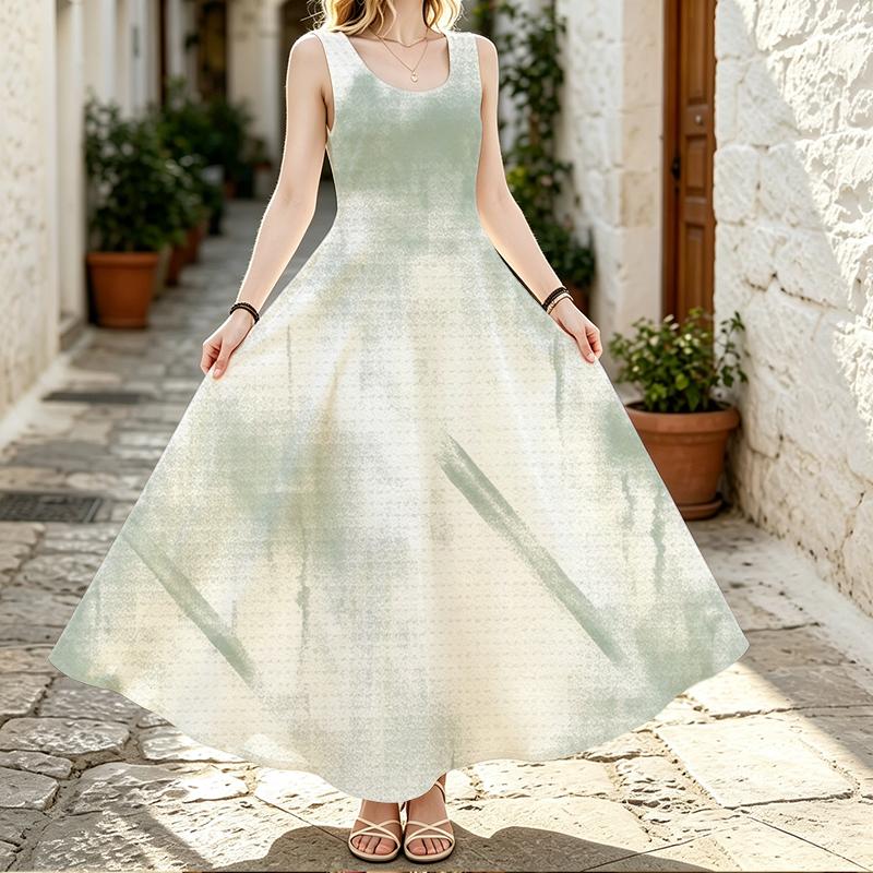 Sleeveless U Neck Maxi Dress,Women Light Green Gradient Sundress,Watercolor Wash Texture Print,Fresh Beach Outfit