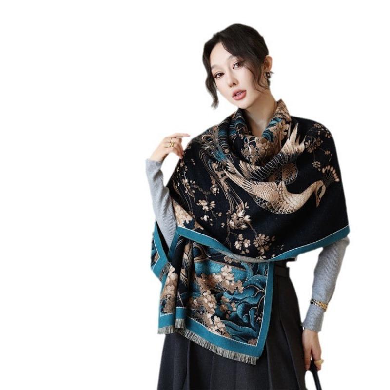 Autumn and winter new scarf female peacock oil painting imitation cashmere shawl versatile fashion thickened warm shawl scarf