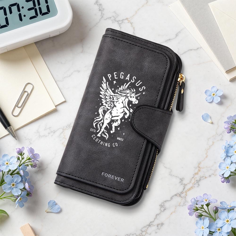 Vintage Black Purse with Pegasus Print Multi Card Slot Fashion Long Wallet for Daily Use