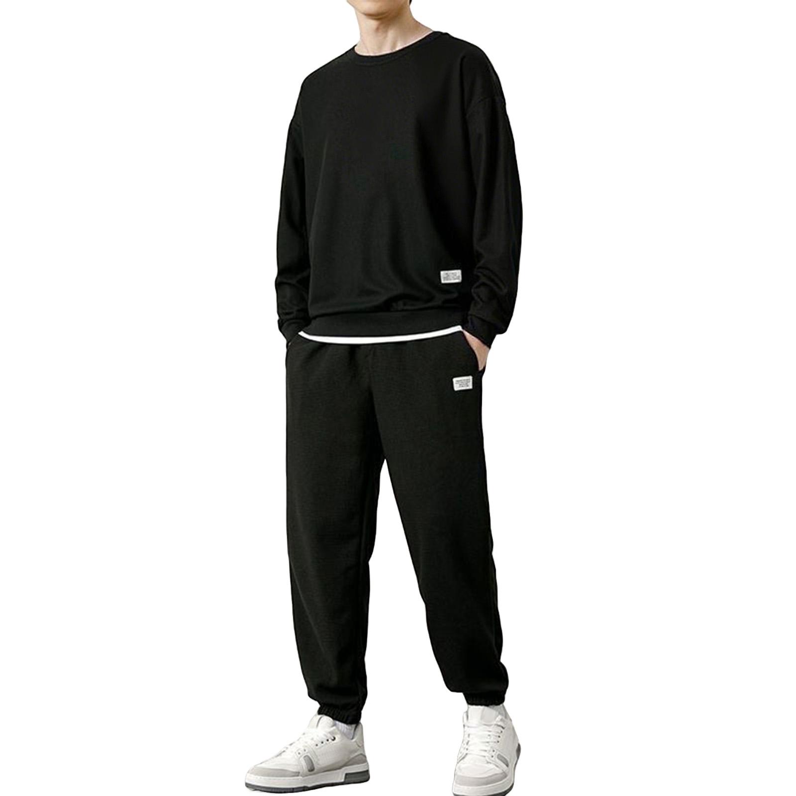 

Men s Solid Color Casual Fashion Long-Sleeved Round Neck Top Sweatpants Set XL