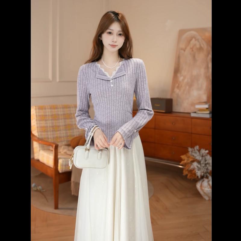 French Style Lace Trim Long Sleeve Knit Top