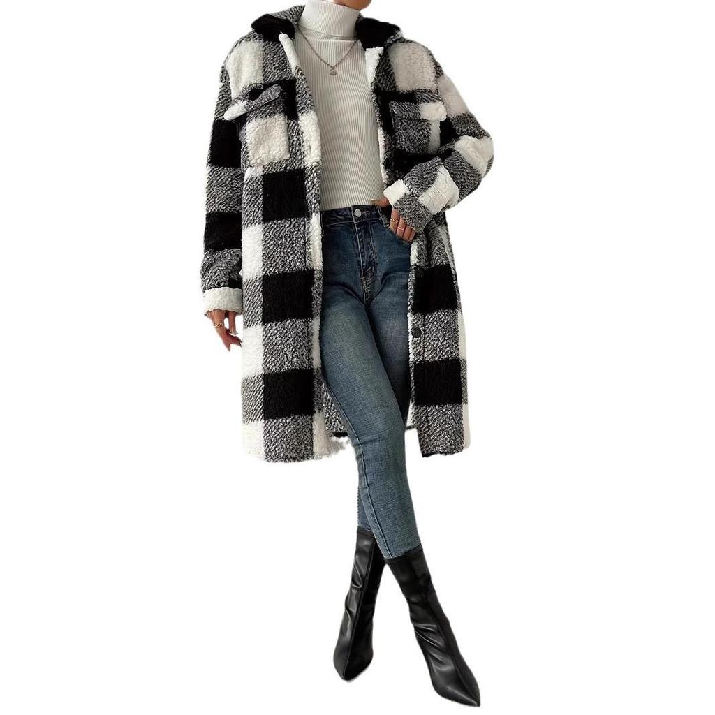 Women's Double-Sided Plush Plaid Lapel Cardigan Coat - Autumn/Winter Collection