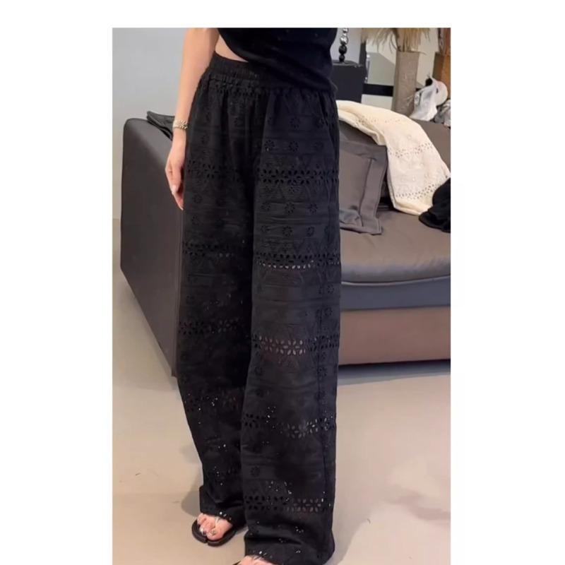 

Кружевные широкие брюки для женщин на лето, новые повседневные брюки прямого кроя с высокой талией из ледяного шелка XXL