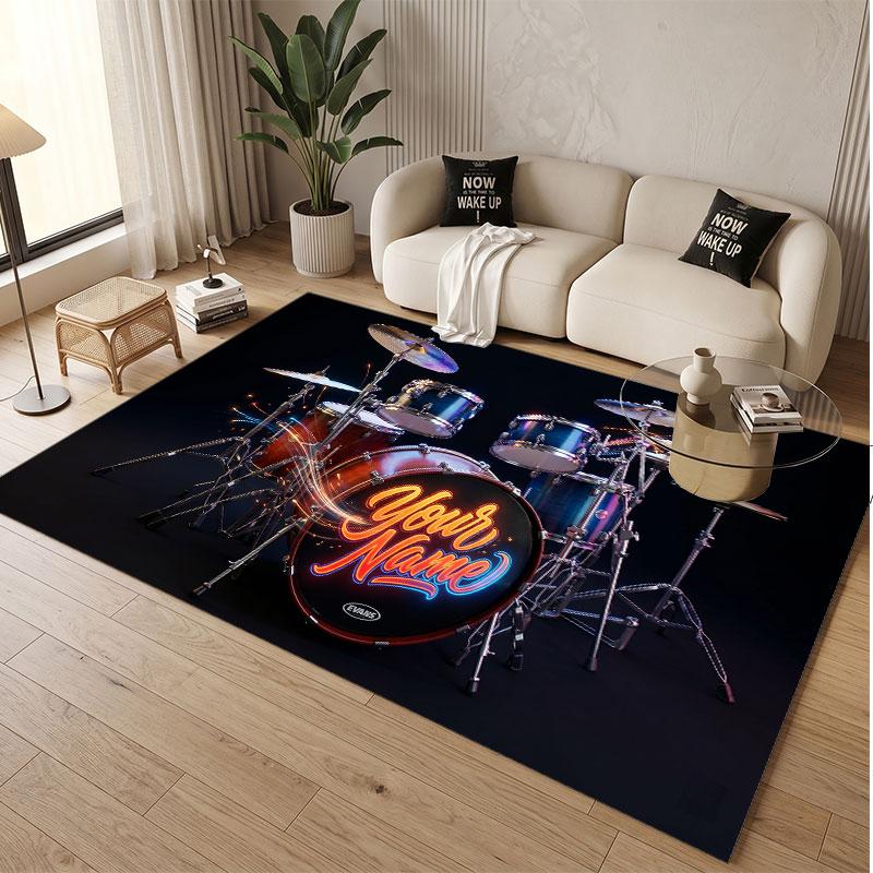 Music Drums Theme Soft Crystal Velvet Rug Custom Name & Text Print Non Slip Floor Rug for Bedroom Living Room