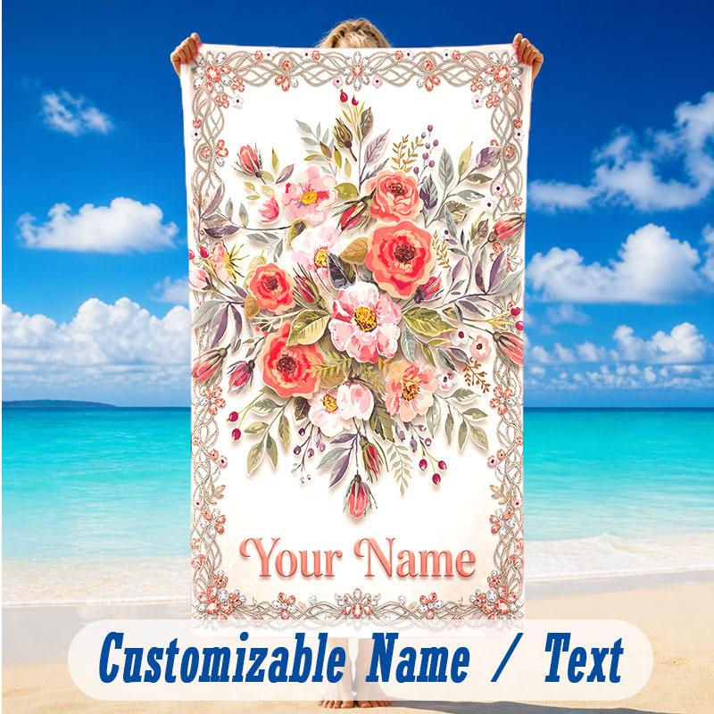 Floral Garden Theme Beach Towel Personalized Custom Name & Text Soft Quick Dry Beach Towel for Swimming Travel
