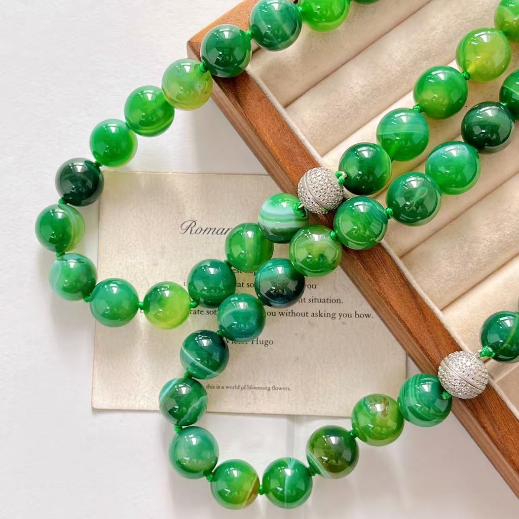 14Mm Vintage High Quality Natural Chalcedony Agate Necklace Clavicle Chain