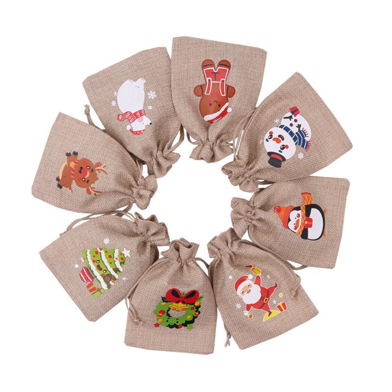Jute-Style Christmas Gift Bag with Drawstring Closure - Small Candy & Apple Storage