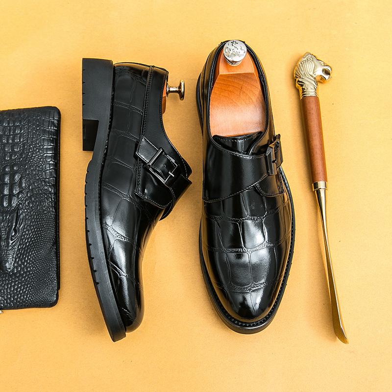 Fashion Men Retro Loafers PU Thick Sole Wear-resistant Side Buckle Leather Shoes Casual Business Fashion Formal Shoes 38-46 Men Shoes